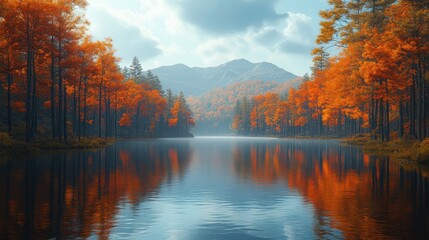 Naklejka premium Serene autumn landscape with vibrant orange trees reflecting in calm water.