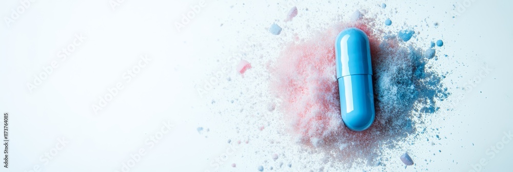 Poster light blue medicine capsule dissolving on pink and white powder creating an explosion of color on a 