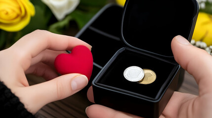 Couple holding red heart and coin jewelry gift box, flowers in background, romantic proposal scene, perfect for Valentine's or anniversary cards.