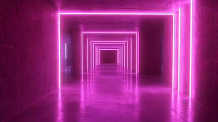 Fototapeta premium Pink Neon Lights Illuminate a Concrete Corridor