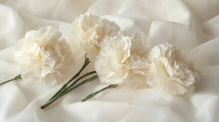 Creamy White Carnations Resting on Soft White Fabric