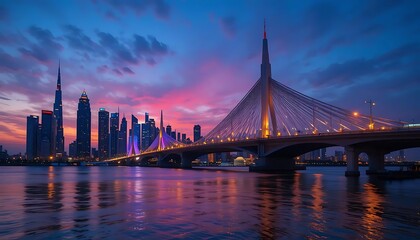 Obraz premium City Skyline Bridge Twilight Evening Reflection
