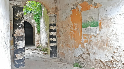 Decaying prison corridor, overgrown archway, faded poster, stone path. Historical site exploration, travel photography.