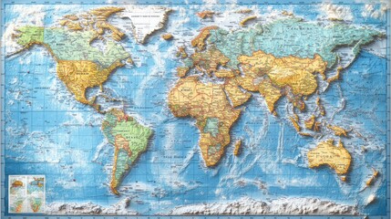Detailed embossed world map showing continents, countries, oceans, and topography.
