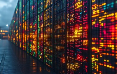 Illuminated server racks in a data center.