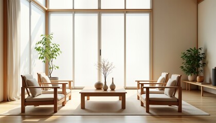 Japanese living room interior features minimal furniture. Low table, chairs without backs create serene, spacious feel. Natural light fills room through large windows. Plants add touch of nature.