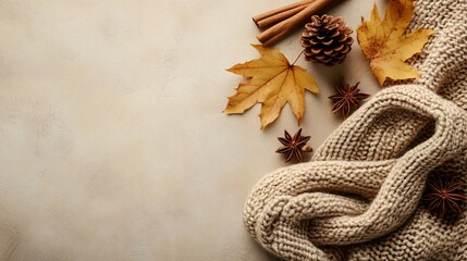 Cozy autumn flat lay with knitwear, spices, and leaves arranged on a wooden background