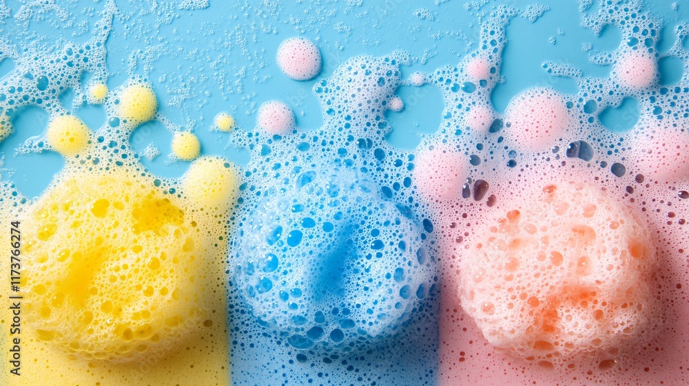 Poster colorful soap bubbles creating a playful abstract pattern on a surface