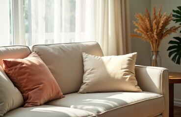 Cozy living room with sunlight streaming through window. Light beige couch with soft pink, beige decorative pillows central focus. Natural light bathes interior. Vase with dried flowers on nearby