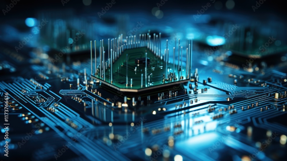Poster close-up of a microchip on a circuit board: high-tech digital world