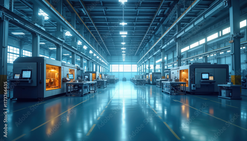 Poster modern smart factory interior iiot machines, automated production lines. efficient workstations opti