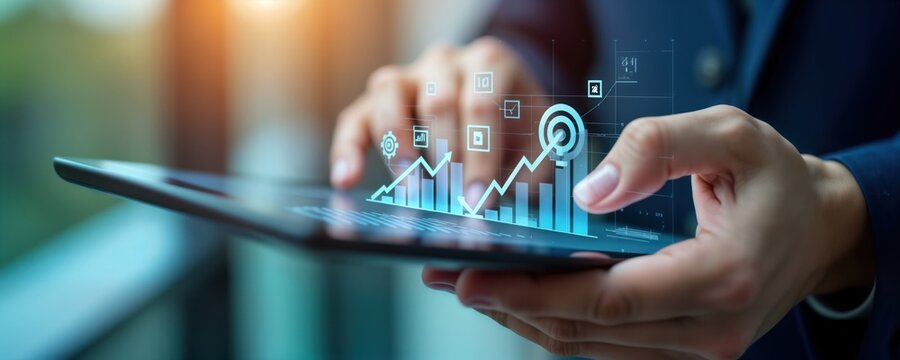 Businessperson analyzes cost reduction strategy on digital tablet. Graphic displays rising graphs, icons. Person efficiently manages business resources by reducing unnecessary expenses. Concept of