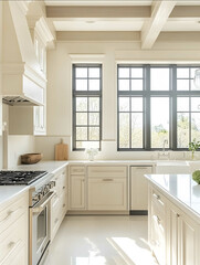 A spacious Instagramworthy kitchen with a creamy color palette featuring a clean and uncluttered layout The design includes a wideangle view soft light tones and a min