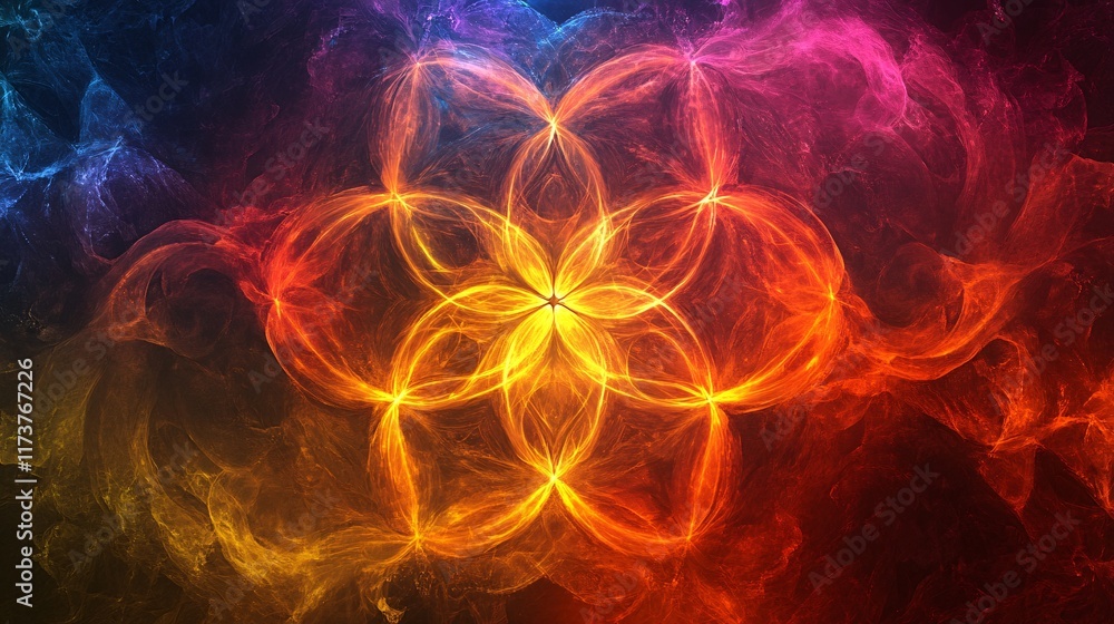 Poster colorful abstract design creating a flower shape with glowing patterns and vibrant hues