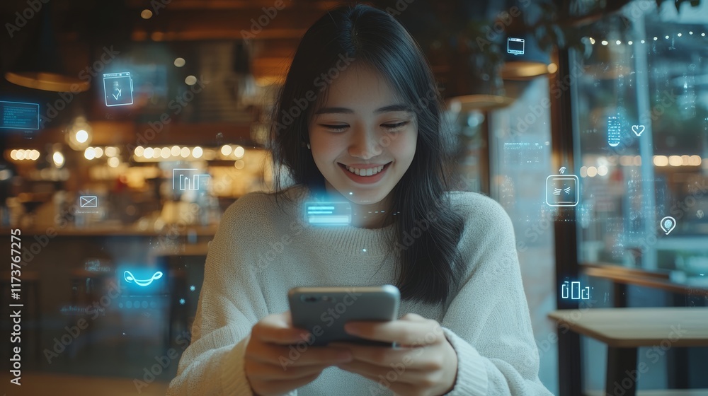 Poster smiling young woman using smartphone with augmented reality application showing various icons relate