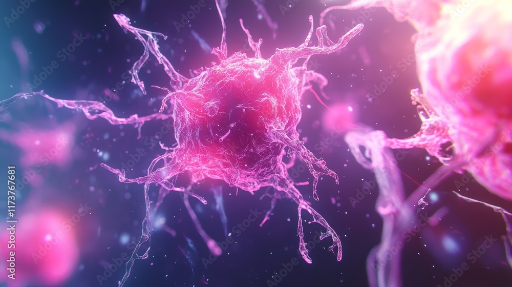 Poster microscopic view of dendritic cells activating an immune response in the body, creating antibodies t