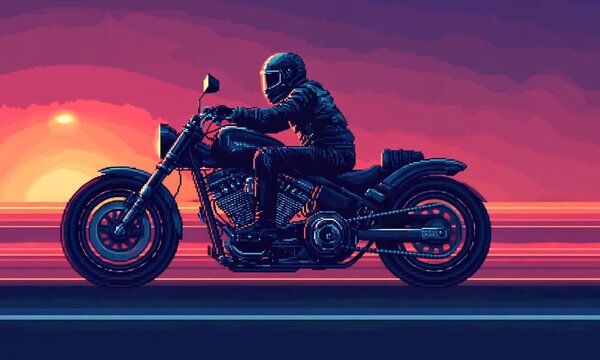 A biker riding a motorcycle against a vibrant sunset.