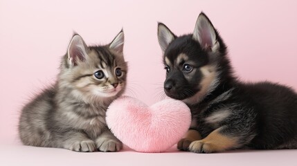 A kitten and a puppy gently touching noses beside a fluffy pink heart on a soft pink background