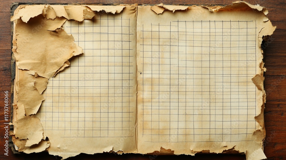Poster Torn and aged notebook pages with grid pattern on an antique wooden table