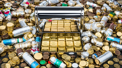 Gold bars and coins overflowing from a money-counting machine; wealth, finance, abundance concept; ideal for financial articles or websites.