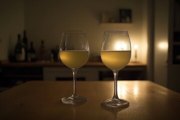 Obraz premium Two glasses of white wine on a wooden table, softly lit by warm indoor light. A relaxed, intimate setting.