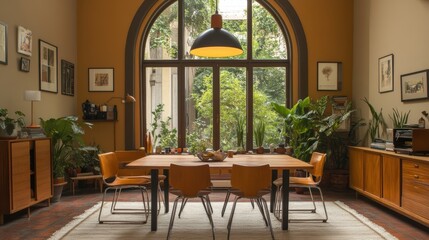 Fototapeta premium interior design styles, a diverse dining space featuring a blend of industrial metal chairs, a rustic wooden table, mid-century pendant lights, all under an arched window with neutral walls and room