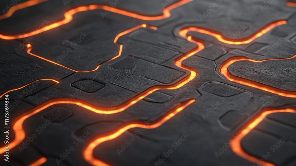 Aufkleber dark metallic surface with glowing orange circuitry. ideal for technology backgrounds sci-fi interfa