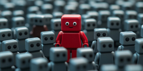 Obraz premium Red wooden toy figure stands out from the crowd of gray on gray background for leadership or business concept. symbolizes an idea, local community or team leader to express inspiration