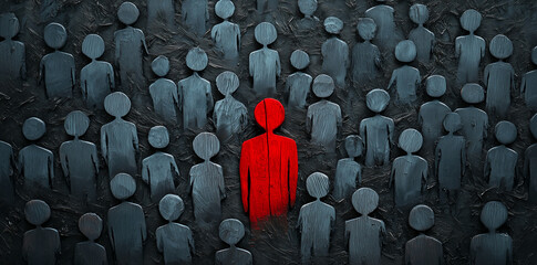 Fototapeta premium Red wooden figure stands out from the white crowd on gray background, business concept for leader or worker in the workplace.