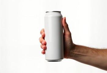 Hand holds blank white aluminum. Empty beverage container. Isolated on white background. Image shows product mockup for branding design concept. Modern product design with clean lines. Stylish,
