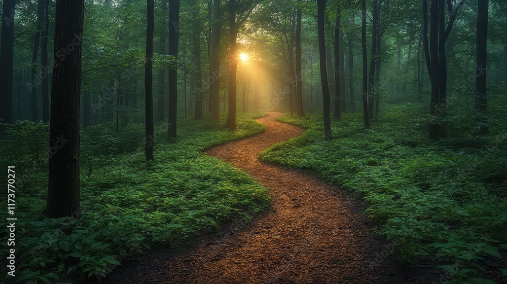 Poster a serene forest path illuminated by sunlight through the trees.