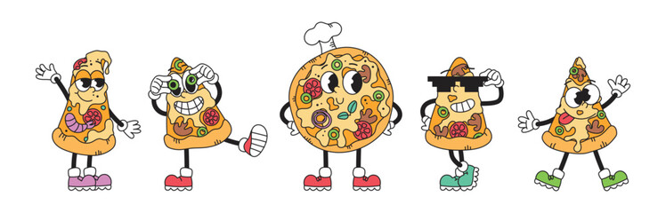 Retro groovy set of fast food characters, pizza, pizza slices. Funny vintage mascots. Junk food. Isolated vector illustrations