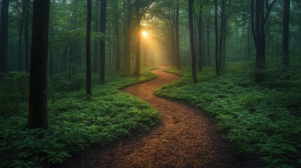A serene forest path illuminated by sunlight through the trees.