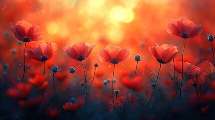 Obraz premium A vibrant field of red flowers against a soft, glowing background.