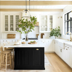 studio mcgee designed cottage kitchen with white cabinets black wood island glass upper cabinets light wood floors lots of greenery