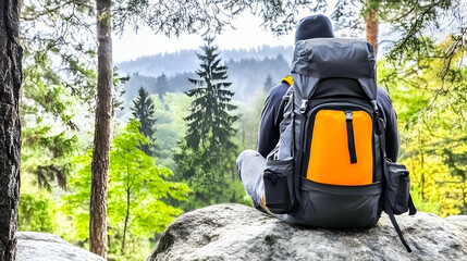 Hiker rests on rock, overlooking misty mountain forest; tranquil nature scene, ideal for travel blogs.