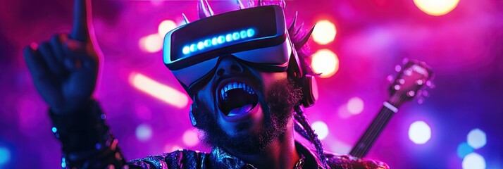 Fototapeta premium rock star virtual reality concept with male musician wearing headset while performing on stage