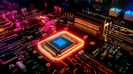 Obraz premium Illuminated CPU on Motherboard, Technology Background, High-Tech Computing, for Tech Articles.