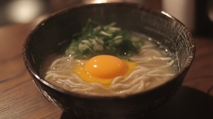Delicious Ramen Noodles Soup with Egg Yolk and Green Onions