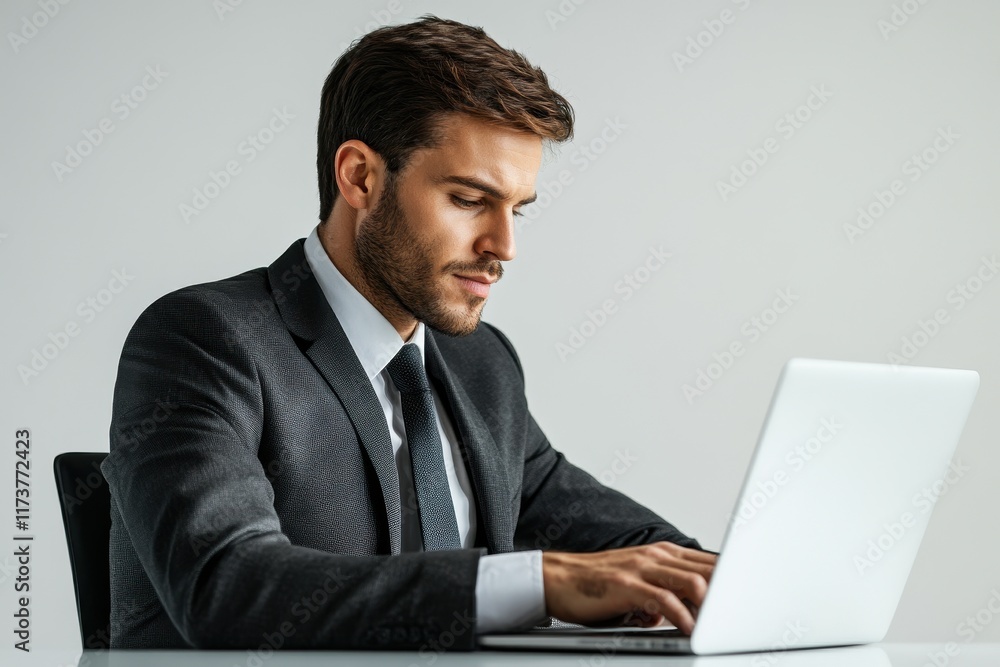 Poster professional man working on a laptop in a suit at a modern office setting during the daytime