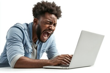 Frustrated young man struggling to work on laptop while feeling overwhelmed and stressed at home or office setting