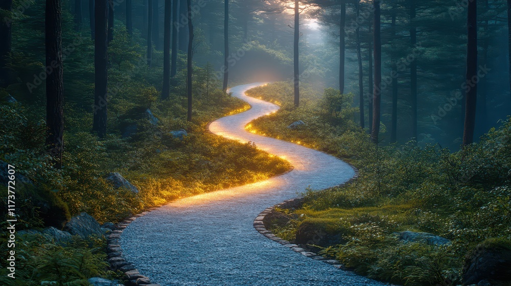 Poster a winding path illuminated by soft light through a tranquil forest.