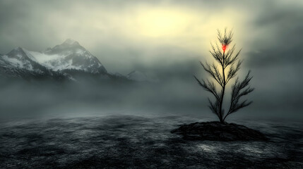 Lone tree with red blossom, misty mountain landscape, hope in adversity, environmental concept, ideal for climate change awareness campaigns.