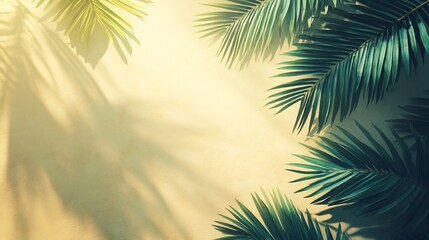 Lush palm leaves casting intricate shadows on a warm beige wall in tropical setting