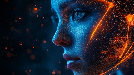 Obraz premium Exquisite digital portrait of a young woman illuminated by glowing particles at night