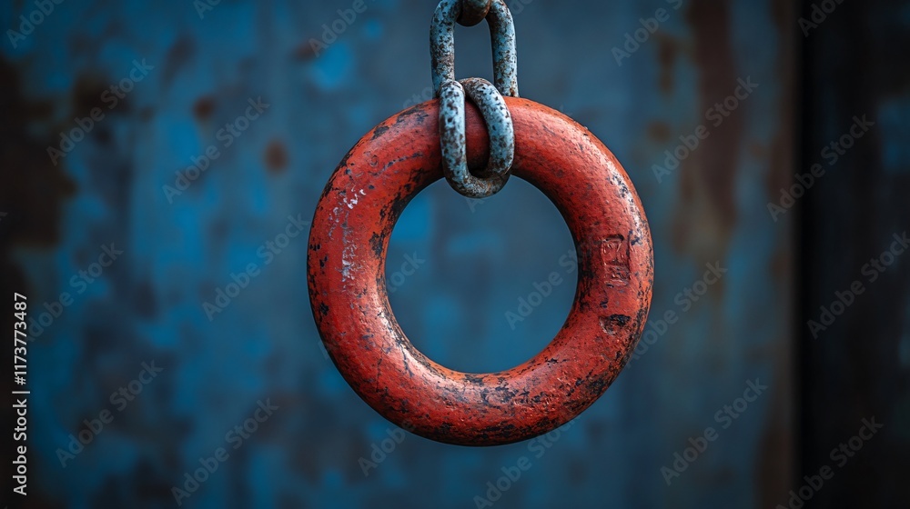 Poster hanging red ring on a chain against a textured blue background in a workshop setting