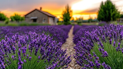 Fototapeta premium A picturesque lavender field at sunset, featuring vibrant purple flowers with a rustic house in the background, creating a serene and calming atmosphere.