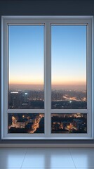 Fototapeta premium Empty room features floor-to-ceiling windows revealing a breathtaking view of Tokyo illuminated at night, creating a luxurious atmosphere