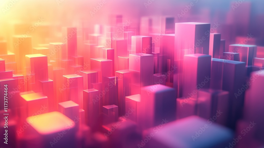 Poster an abstract digital cityscape with glowing cubes in a pink and orange gradient, symbolizing data vis