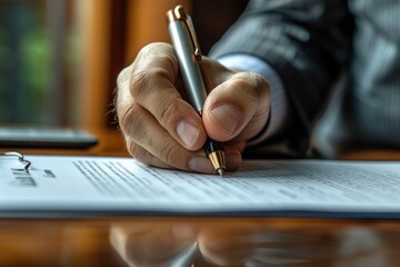 A businessman’s hand holding a pen while signing a contract at a desk in an office, showcasing detailed textures and a professional, focused atmosphere. Perfect for business and legal concepts